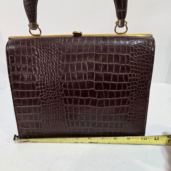 Vtg 50's Womens Handbag Faux Crocodile Embossed Satchel Gold Clasp Top Handle - Picture 10 of 12